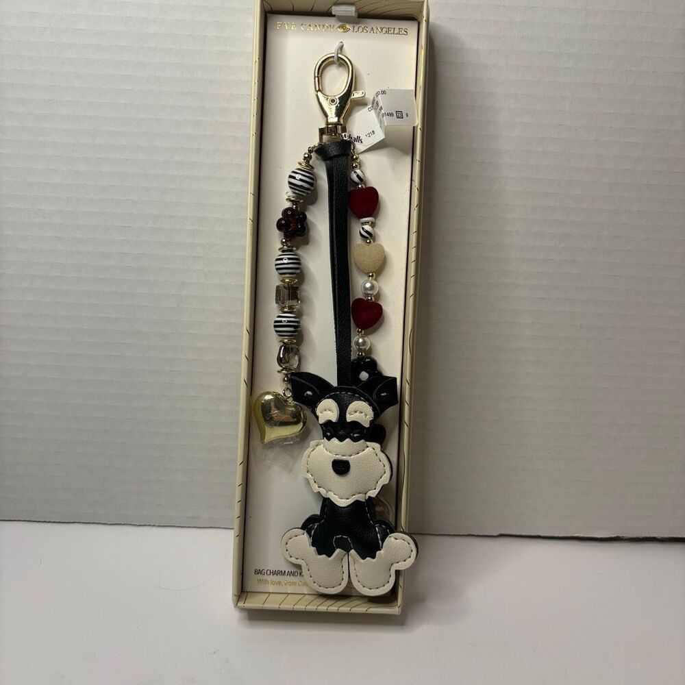 Eyecandy Los Angeles Black White Schnauzer Beaded Bag Charm Keychain Heart NWT